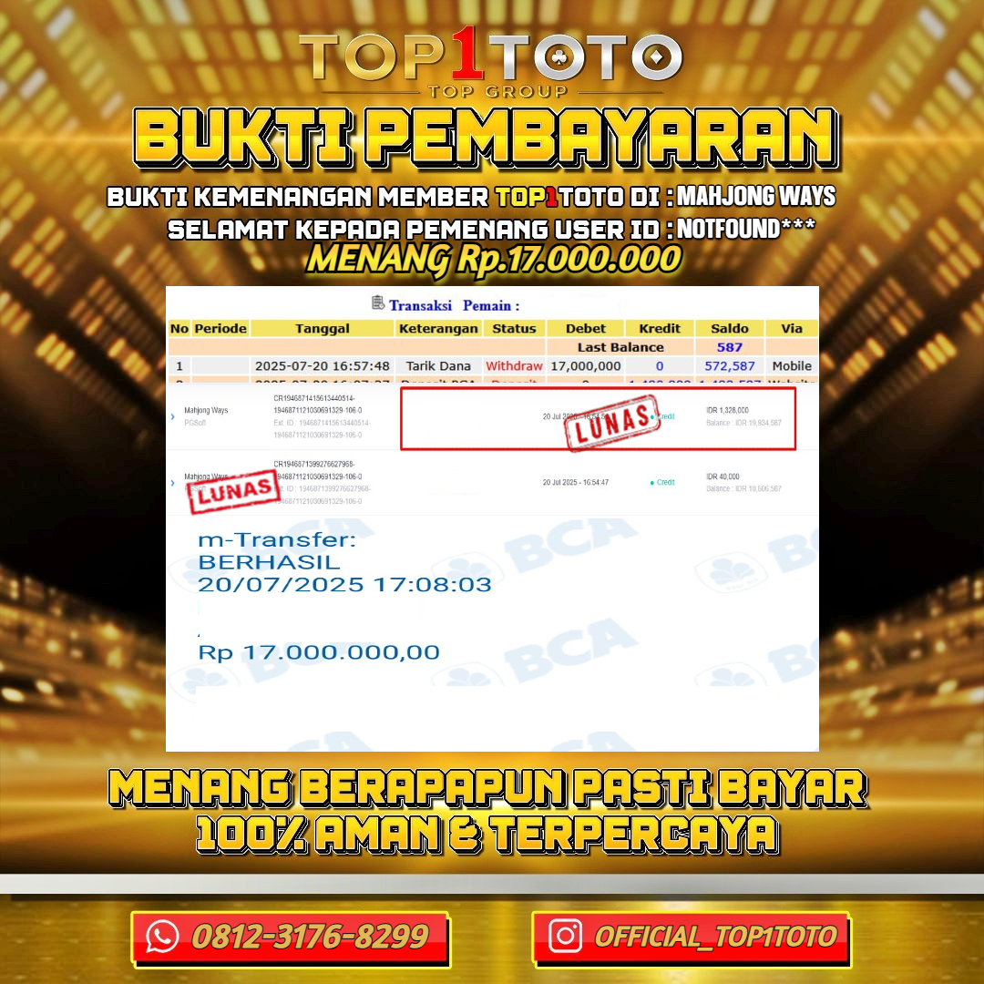 TOP1TOTO JACKP0T SLOT MAHJONG WAYS Rp.17.000.000 - LUNAS USER ID : NOTFOUND***