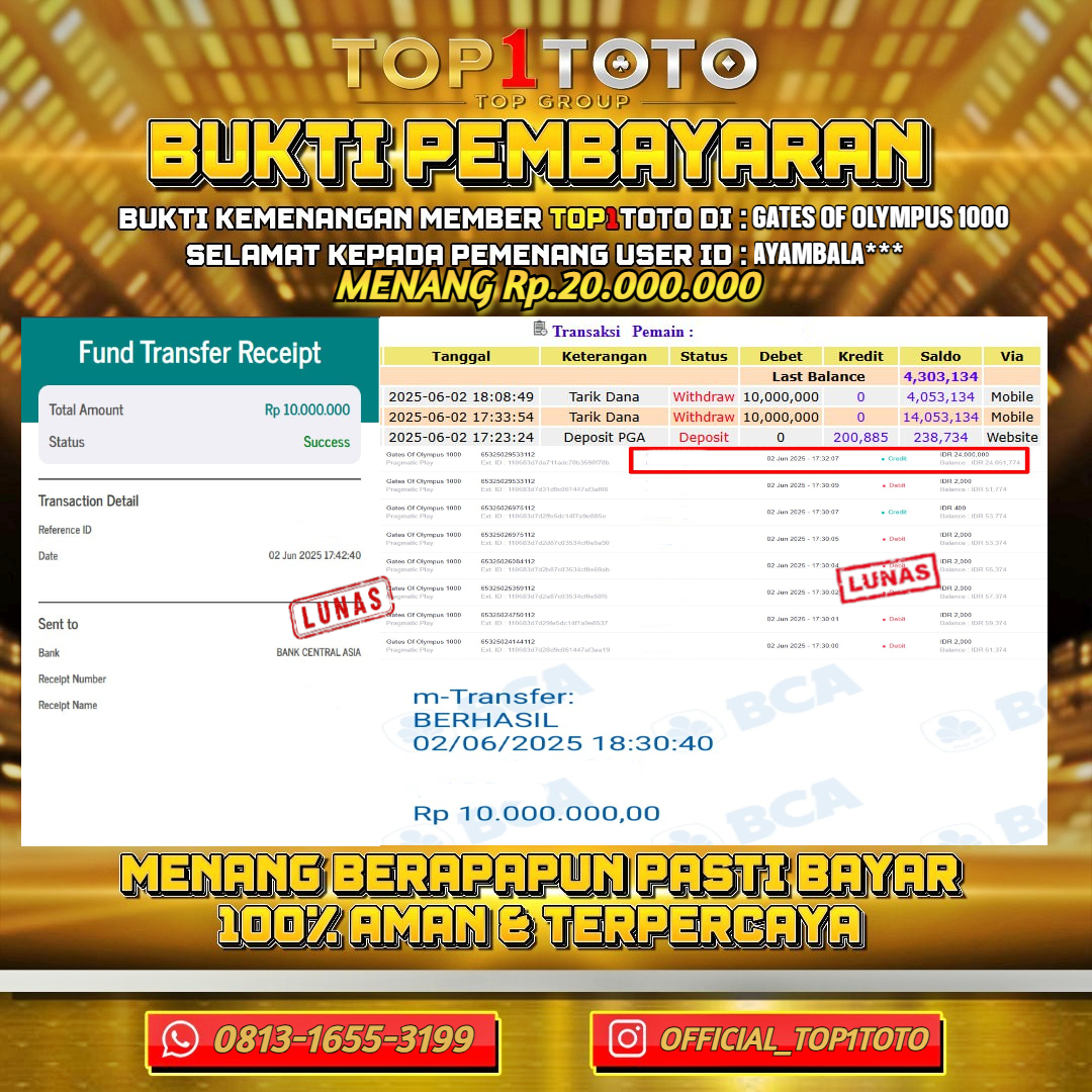 TOP1TOTO JACKPOT SLOT GATES OF OLYMPUS 1000 Rp.20.000.000 - LUNAS USER ID : AYAMBALA***