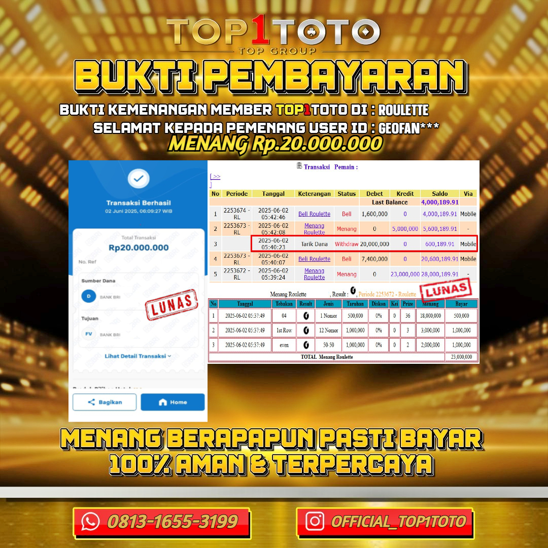 TOP1TOTO JACKPOT LIVE GAMES ROULETTE Rp.20.000.000 - LUNAS USER ID : GEOFAN***