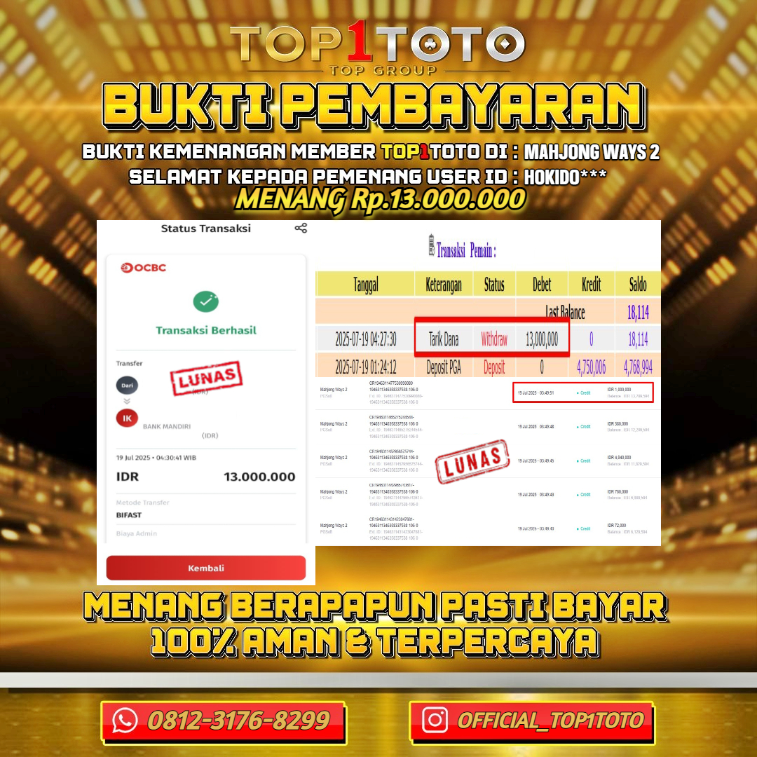 TOP1TOTO JACKPOT SLOT MAHJONG WAYS 2 Rp.13.000.000 - LUNAS USER ID : HOKIDO***