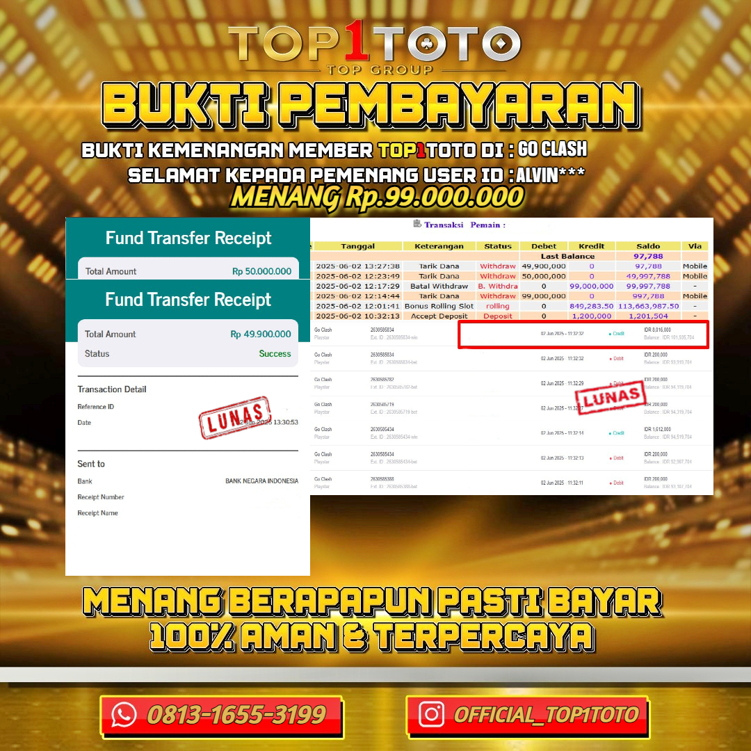 TOP1TOTO JACKPOT SLOT GO CLASH Rp.99.000.000 - LUNAS USER ID : ALVIN***