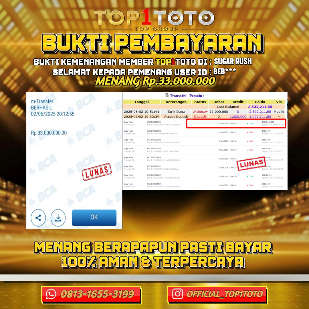 TOP1TOTO JACKPOT SLOT SUGAR RUSH Rp.33.000.000 - LUNAS USER ID : BEB***