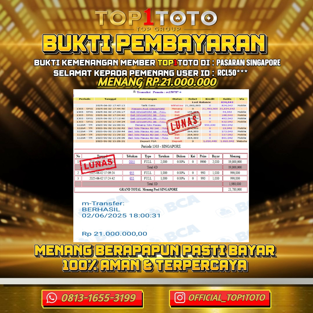 TOP1TOTO JACKPOT TOGEL PASARAN SINGAPORE Rp.21.000.000 - LUNAS USER ID : RCL50***