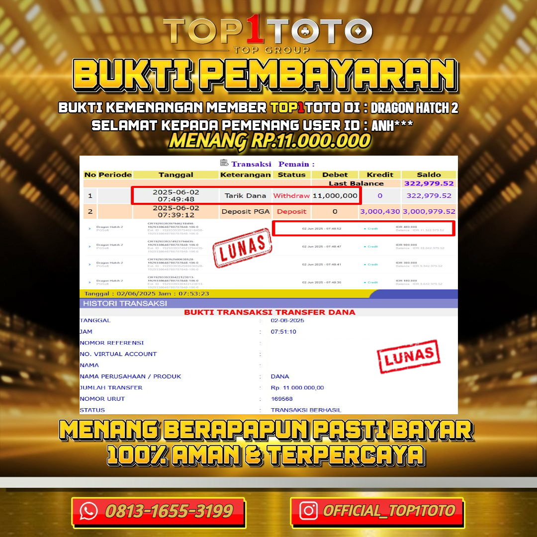 TOP1TOTO JACKPOT SLOT DRAGON HATCH 2 Rp.11.000.000 - LUNAS USER ID : ANH***