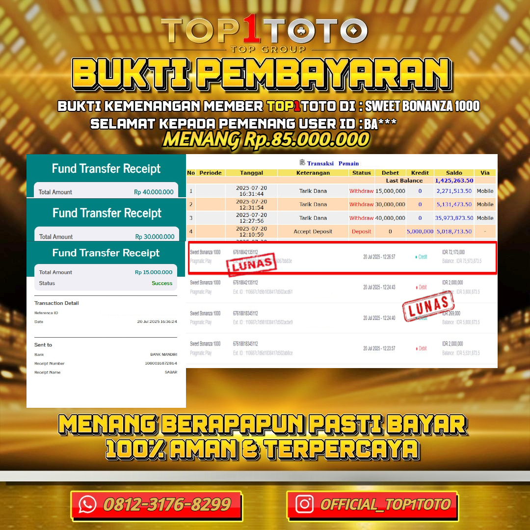 TOP1TOTO JACKP0T SLOT SWEET BONANZA 1000 Rp.85.000.000 - LUNAS USER ID : BA***
