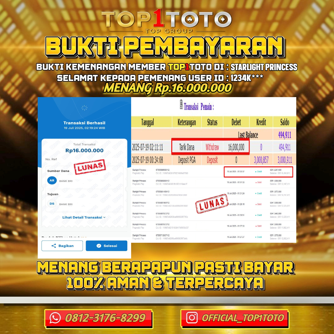 TOP1TOTO JACKPOT SLOT STARLIGHT PRINCESS Rp.16.000.000 - LUNAS USER ID : 1234K***