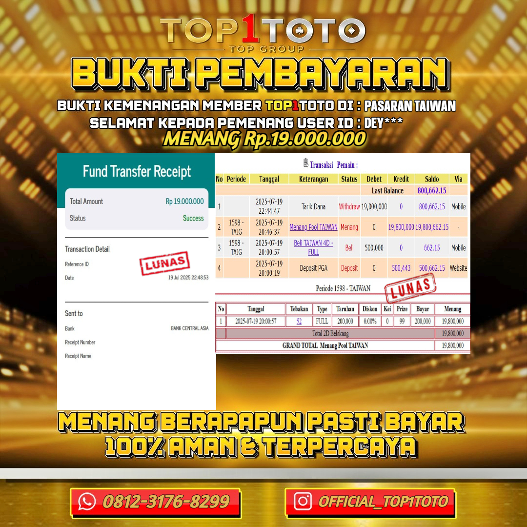 TOP1TOTO JACKPOT TOGEL PASARAN TAIWAN Rp.19.000.000 - LUNAS USER ID : DEY***