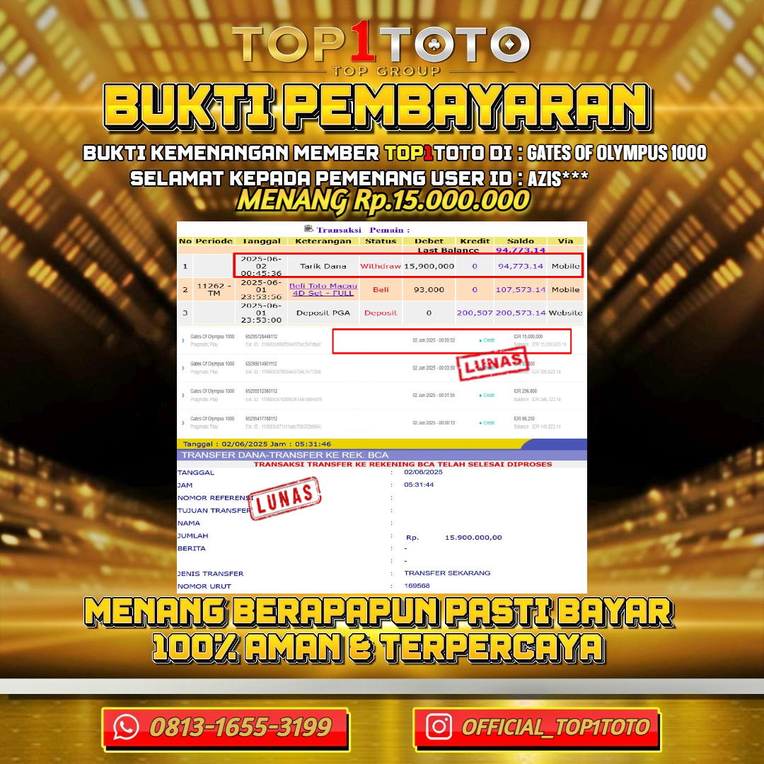 TOP1TOTO JACKPOT SLOT GATES OF OLYMPUS 1000 Rp.15.000.000 - LUNAS USER ID : AZIS***