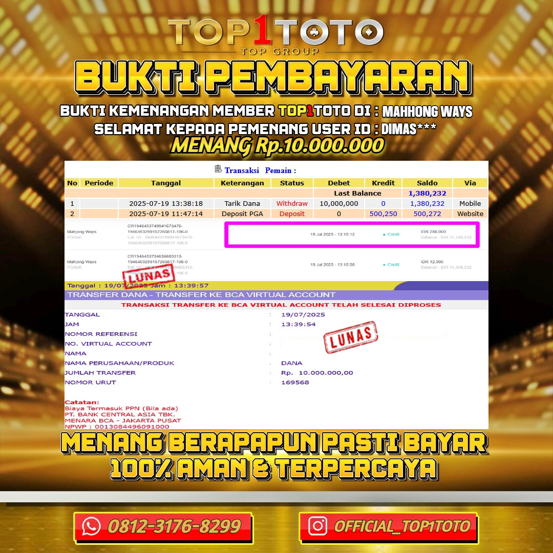 TOP1TOTO JACKPOT SLOT MAHJONG WAYS  Rp.10.000.000 - LUNAS USER ID : DIMAS***