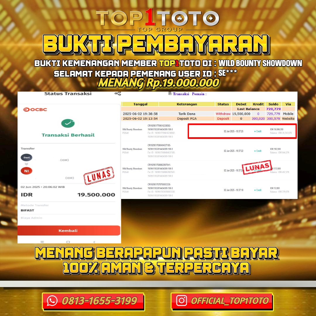 TOP1TOTO JACKPOT SLOT WILD BOUNTY SHOWDOWN Rp.19.000.000 - LUNAS USER ID : SE***