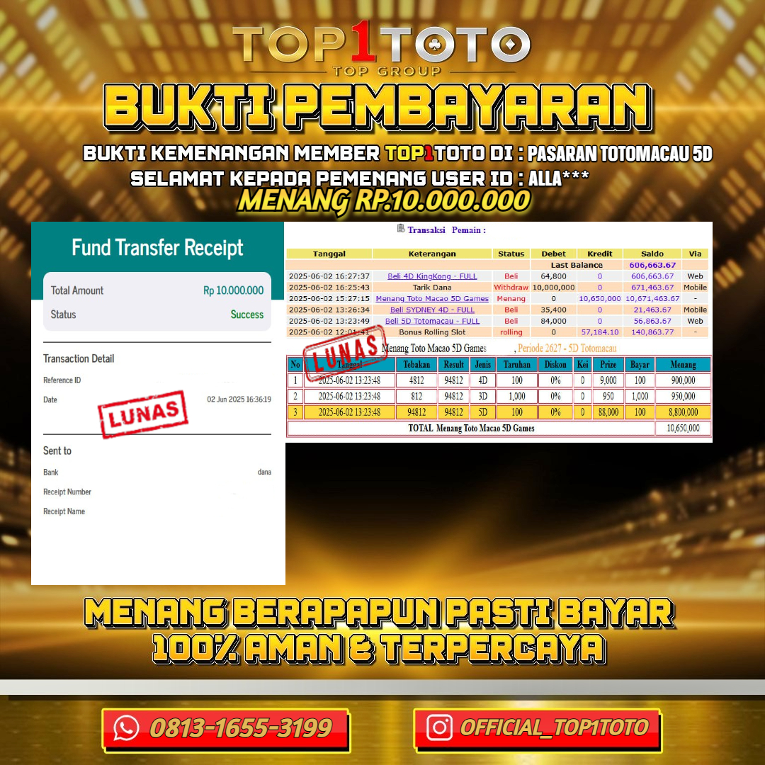 TOP1TOTO JACKPOT TOGEL PASARAN TOTOMACAU 5D Rp.10.000.000 - LUNAS USER ID : ALLA***