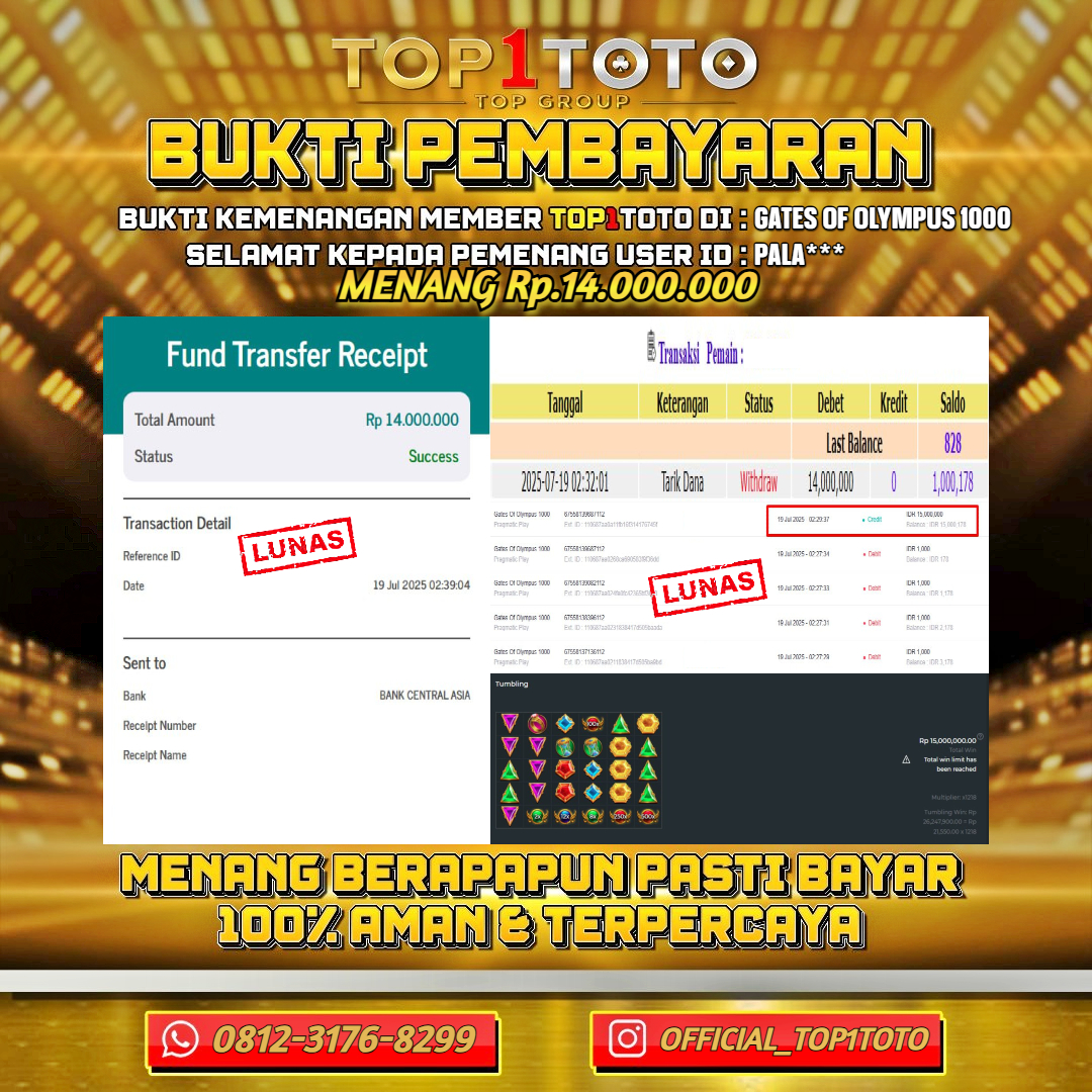 TOP1TOTO JACKPOT SLOT GATES OF OLYMPUS 1000 Rp.14.000.000 - LUNAS USER ID : PALA***