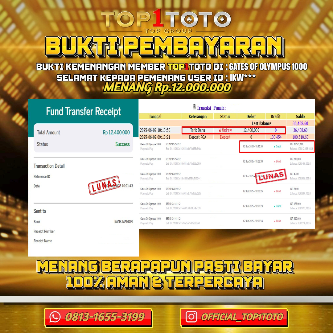 TOP1TOTO JACKPOT SLOT GATES OF OLYMPUS 1000 Rp.12.000.000 - LUNAS USER ID : IKW***