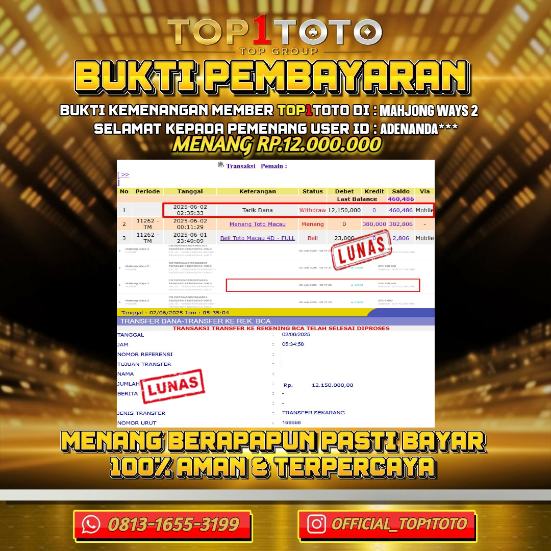 TOP1TOTO JACKPOT SLOT MAHJONG WAYS 2 Rp.12.000.000 - LUNAS USER ID : ADENANDA***